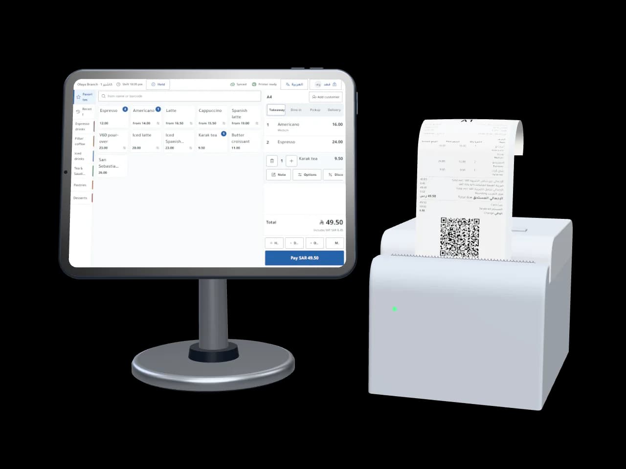 A tablet on a swivel stand showing the Makhtoom Cashier sell screen, next to a thermal printer feeding out a simplified tax receipt with a QR code